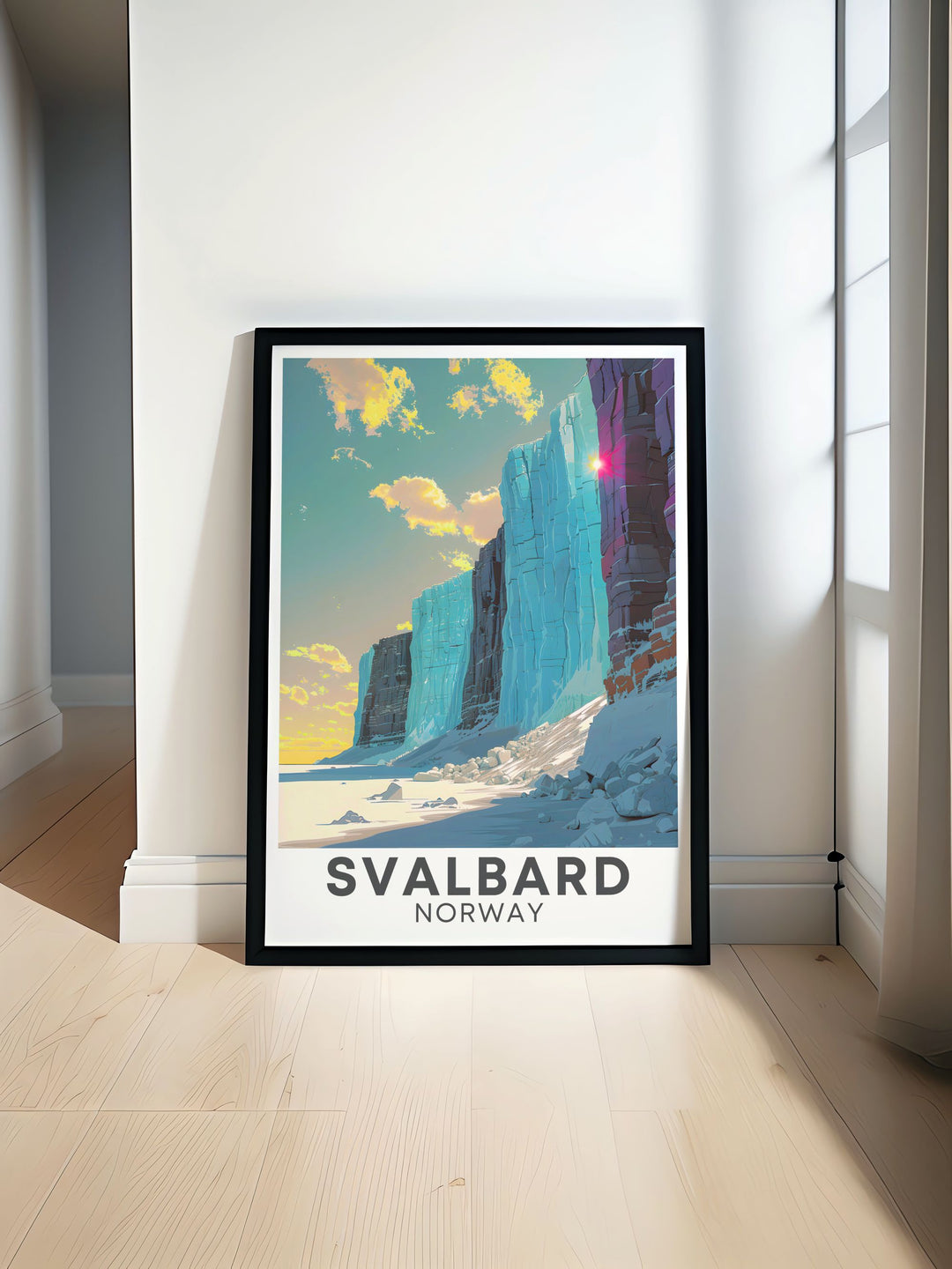 Breathtaking Svalbard Poster showcasing the stunning Nordenskiold Glacier with a captivating color palette ideal for home decor. Perfect as a travel poster print personalized gift or vintage poster.