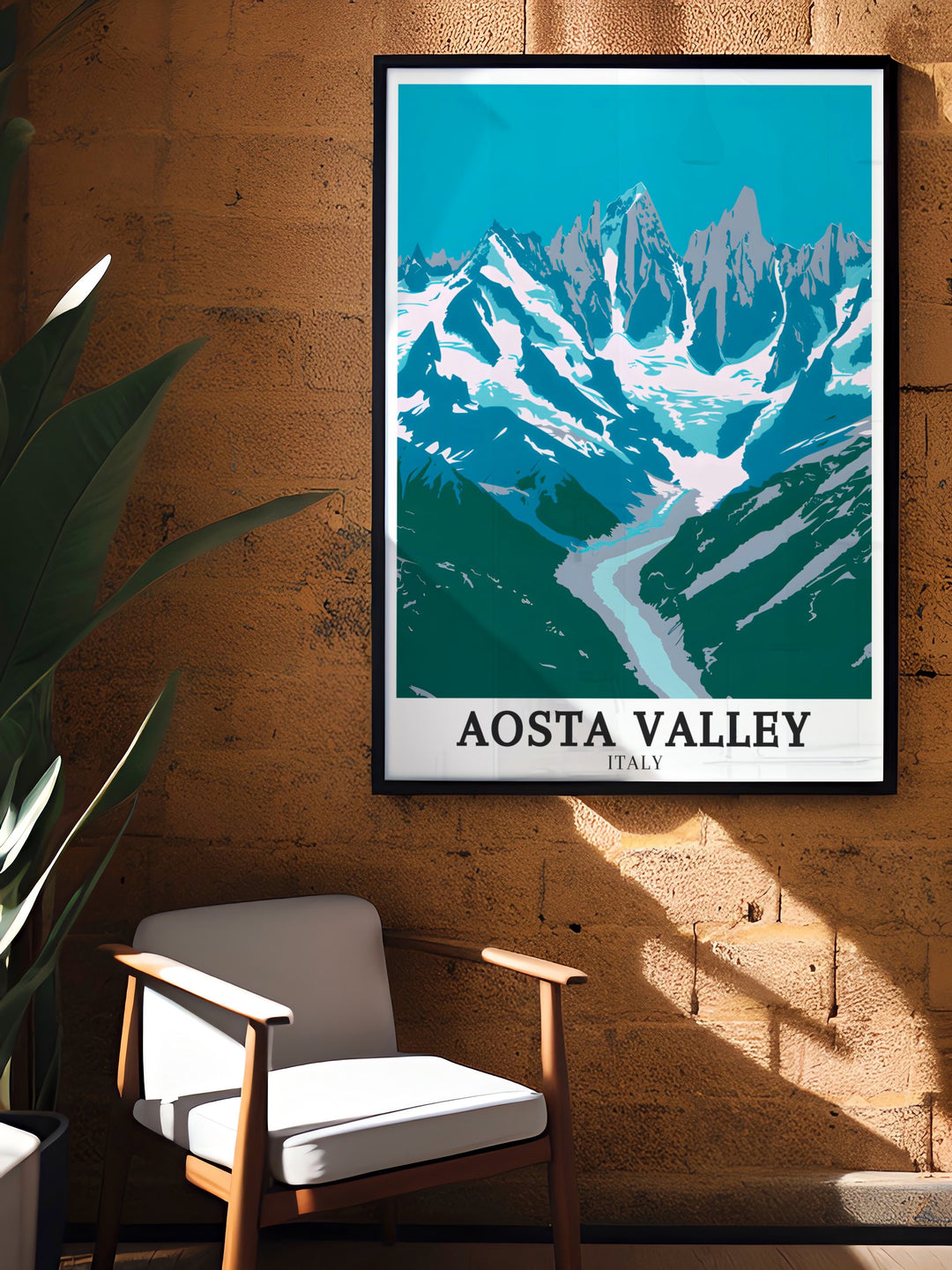 A travel poster featuring the serene Aosta Valley, the majestic Mont Blanc, and the dramatic Matterhorn. This Italy travel gift is perfect for those who love the Alps and the natural beauty of Italy. The detailed representation of these landmarks makes it a unique and meaningful addition to any space.