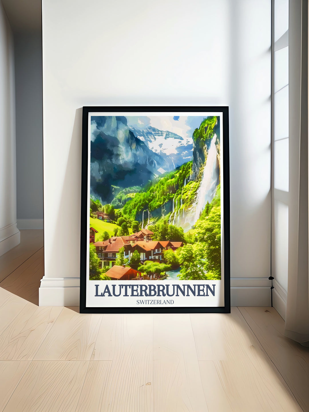 Lauterbrunnen Poster Print featuring Staubbach Falls and Lauterbrunnen village perfect for home decor enthusiasts seeking Swiss travel prints or Swiss waterfall art with a serene village setting for a peaceful living space