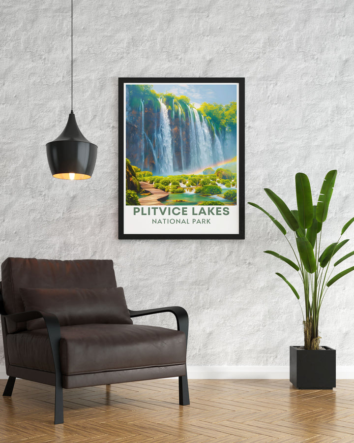 Veliki Slap Boardwalk home decor ideal for nature lovers this travel print captures the stunning beauty of Croatias Plitvice Lakes adding a touch of tranquility and elegance to your home perfect for living rooms bedrooms and offices