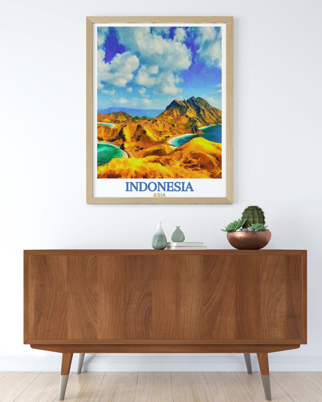 Komodo National Park and Bali are the stars of this Indonesia travel print. Bring the adventure of Indonesias landscapes into your home with this stunning wall art, ideal for travelers and art enthusiasts.