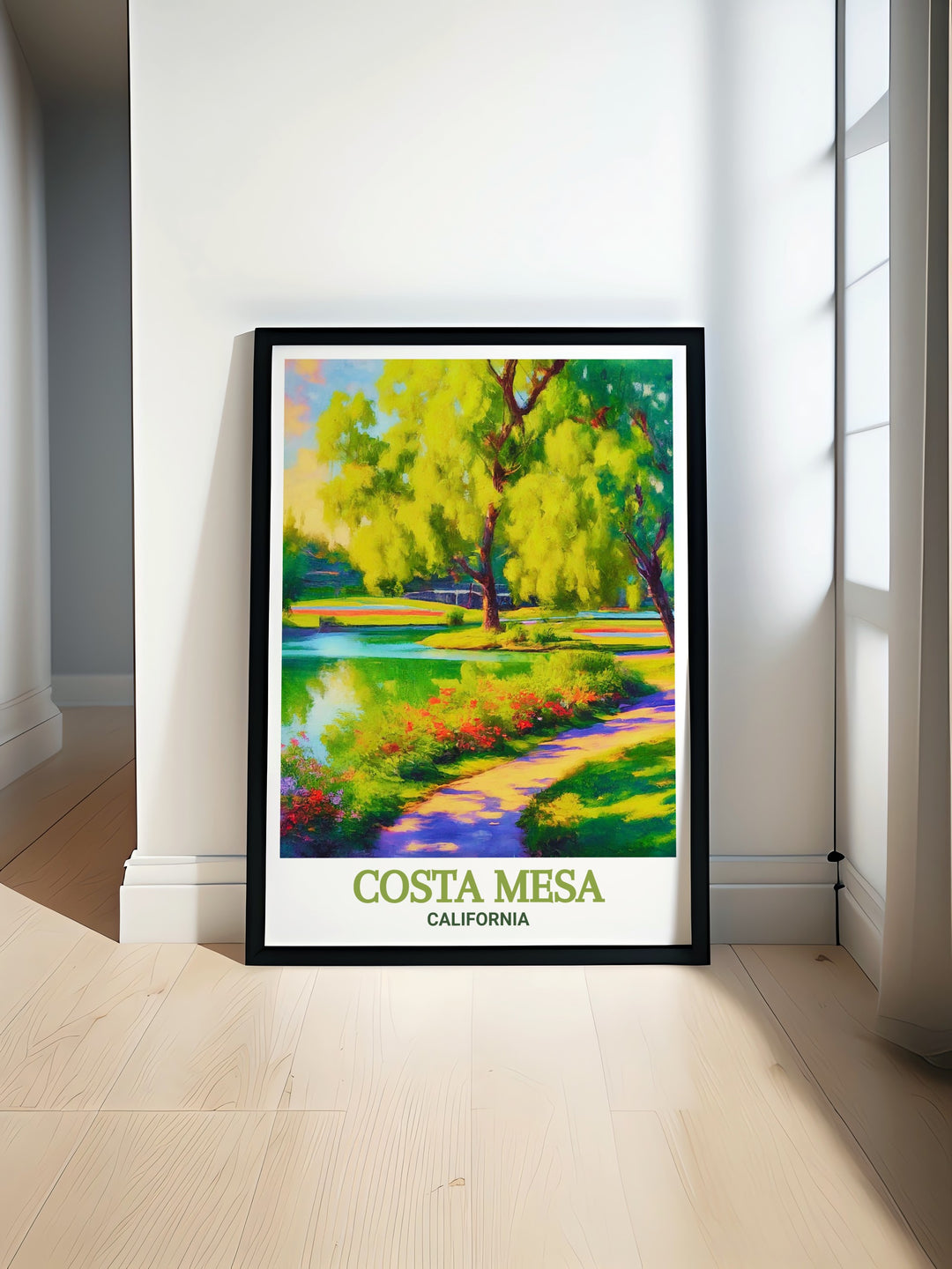 Capture the essence of Costa Mesa with this stunning canvas art, featuring TeWinkle Park and the citys skyline. This vibrant travel poster is perfect for fans of Californias scenic urban parks, adding a pop of color and modern flair to any room.