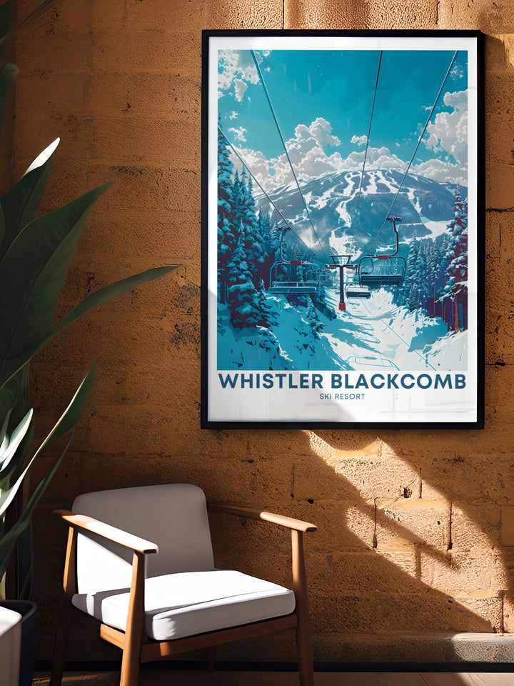 Whistler peak chair lifts home decor piece showcasing the stunning landscapes of Whistler Ski Resort. This Whistler print is ideal for adding a touch of elegance to any room and celebrating the beauty of British Columbia BC.
