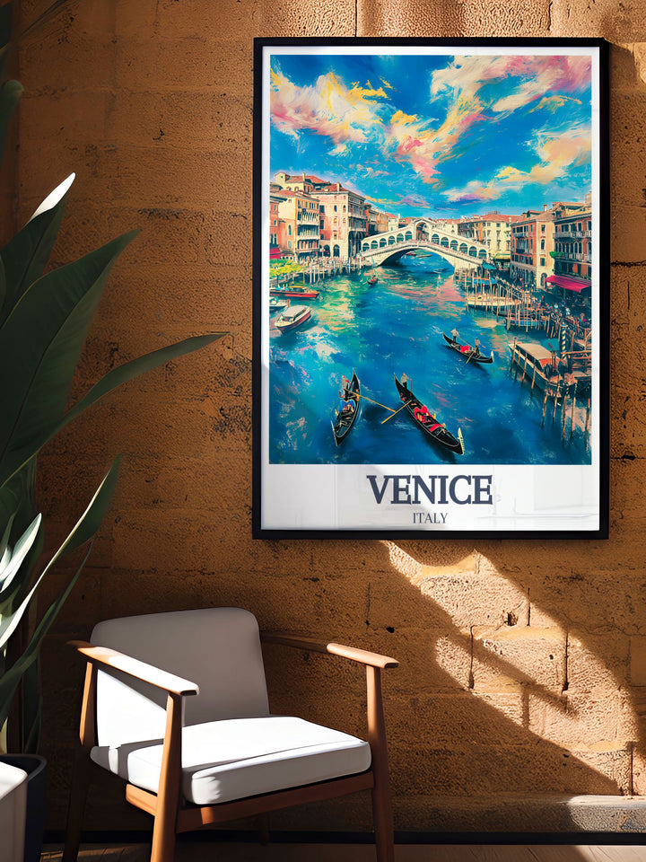 A vibrant and detailed travel poster of Venices Rialto Bridge and Grand Canal. Whether youve visited Venice or dream of seeing it one day, this artwork beautifully captures the citys architecture and culture.