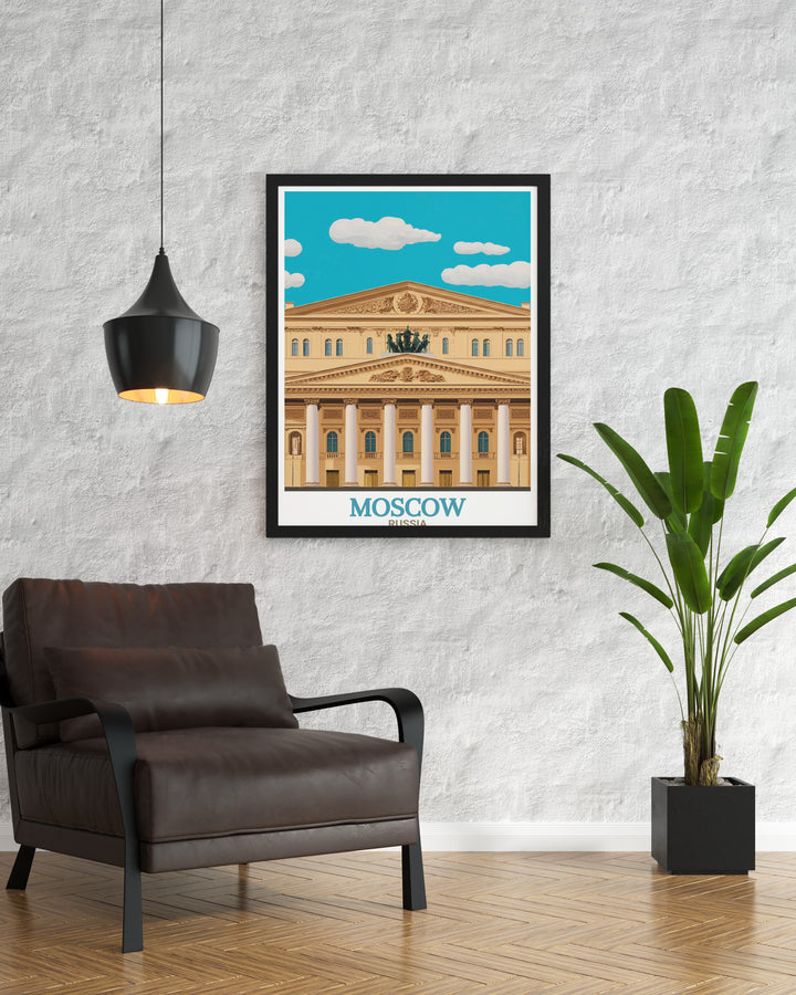 Stunning Bolshoi Theatre wall art depicting the historic landmark of Moscow a perfect addition to any home bringing elegance and cultural richness to your space with its detailed and vibrant illustration