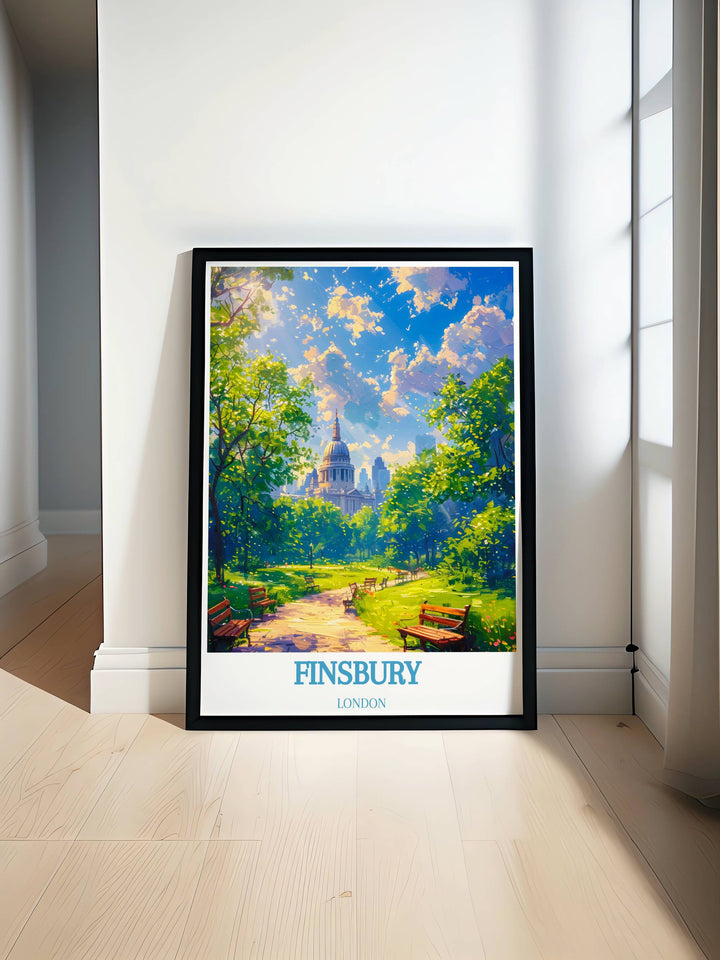 Acquire this stunning poster and discover the serene beauty of Finsbury Park. This picture perfectly captures the spirit of one of Londons most beloved green places, making it ideal for individuals who enjoy traveling to the city. Perfect for art collections and interior design.