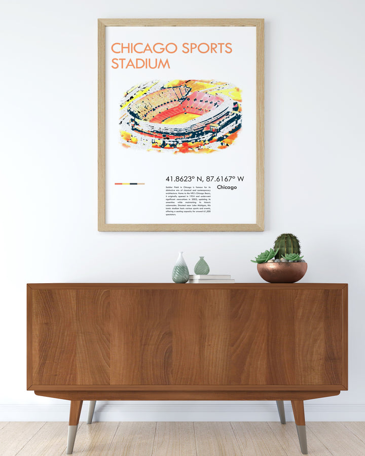 Stunning Soldier Field art print capturing the iconic Chicago stadium. This print is perfect for any Chicago sports fan looking to add a piece of football history to their home. A great gift idea for fans of the Chicago Bears