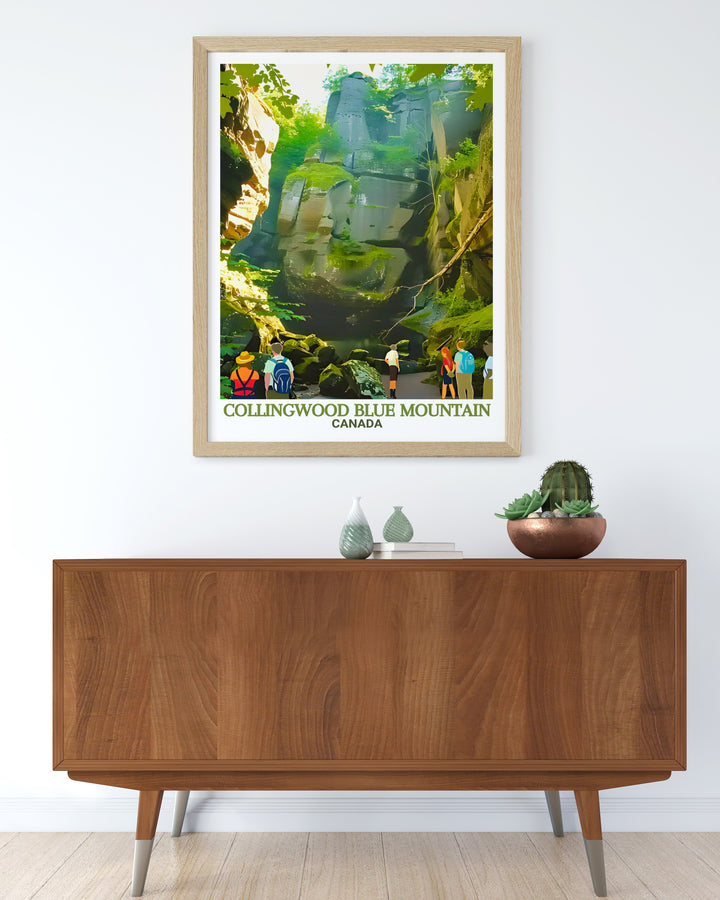 Collingwood Wall Art features the majestic Blue Mountain and the scenic trails of Scenic Caves Nature Adventures. This framed art piece captures the essence of Ontarios outdoor beauty, ideal for any nature lover or adventurer.