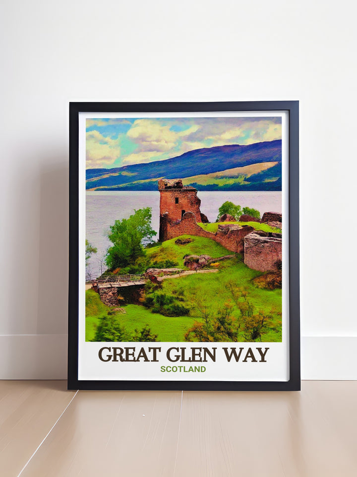 Urquhart Castle wall art featuring the Great Glen Way and stunning views of Loch Ness ideal for anyone who loves Scotland travel art and National Park prints this piece brings the charm of the Highlands into your living space with elegant home decor options