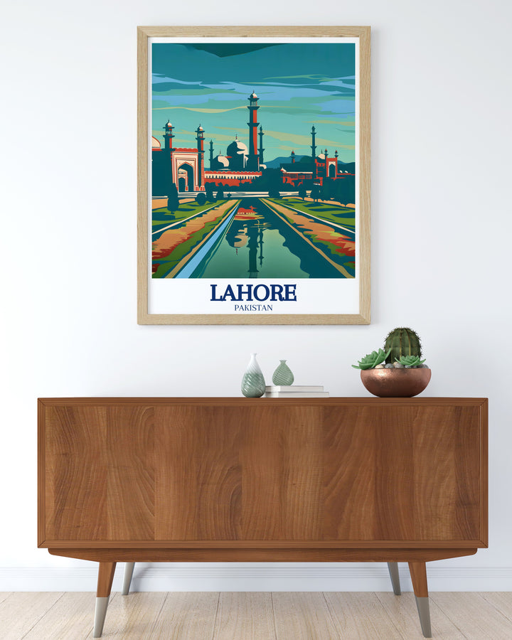 Badshahi Mosque travel poster highlights the mosques towering minarets and vast courtyard, offering a visual journey through one of Lahores most visited sites.