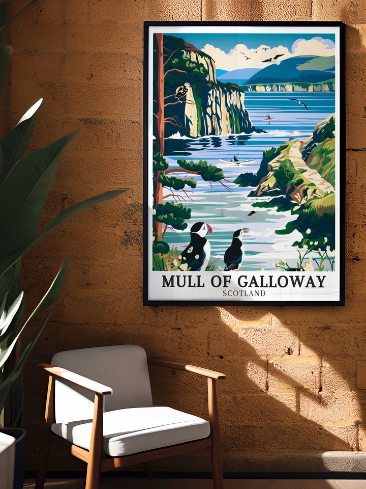 Mull of Galloway Travel Print depicts the expansive views and natural grandeur of Mull of Galloway, offering a visual journey to Scotlands southernmost point. This print is perfect for adventurers and those who dream of exploring Scotlands coast.