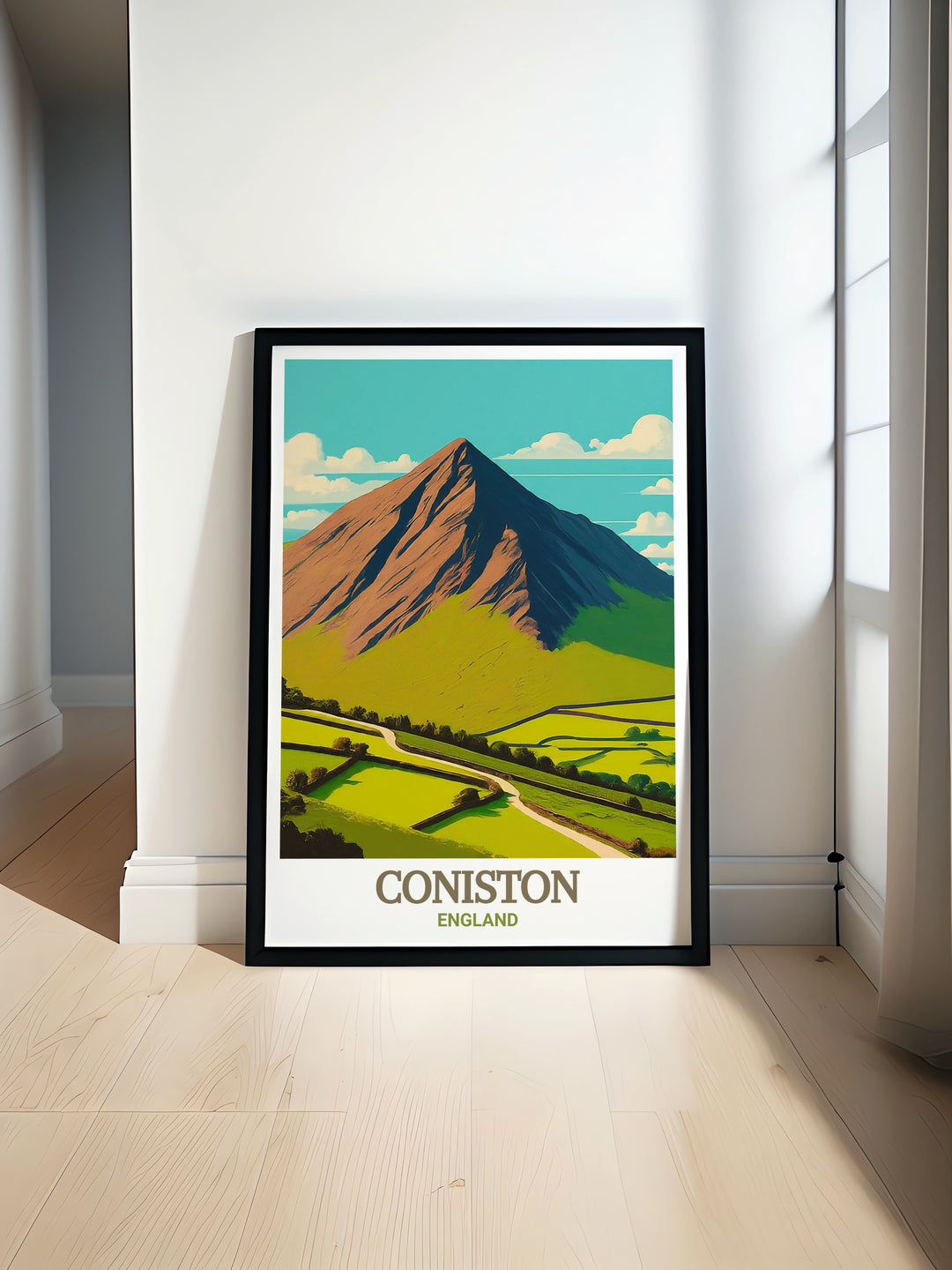 Travel poster featuring the Old Man of Coniston, offering a stunning view of one of the Lake Districts most famous mountains, ideal for adding a touch of adventure to your living space.