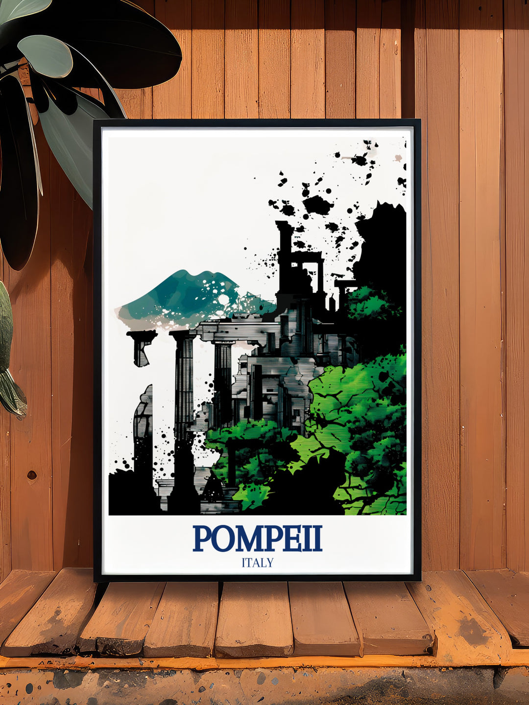 Pompeii poster print featuring the iconic landmarks of Pompeii, with a focus on the Temple of Apollo and Mount Vesuvius. This travel print is perfect for history enthusiasts and art lovers, offering a detailed depiction of one of Italys most famous ancient sites.