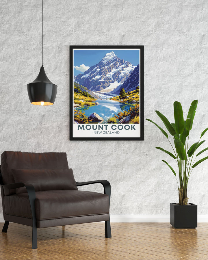 High quality Hooker Valley Track prints showcasing the majestic landscapes of New Zealand these national park prints are ideal for travel enthusiasts and nature lovers looking to bring the iconic scenery of South Island NZ into their homes with vibrant colors and detailed illustrations