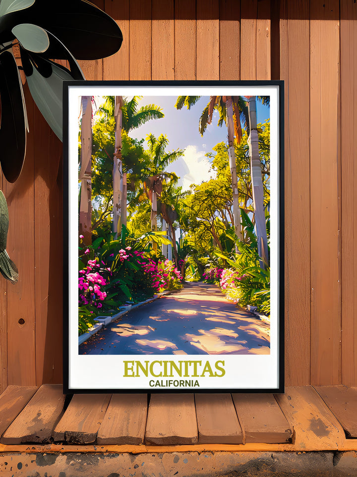 Encinitas art print features the stunning beaches and scenic landscapes of this coastal California town, with the San Diego Botanic Garden in the background. Perfect as a personalized gift or wall art, this travel poster captures the natural beauty of Encinitas.