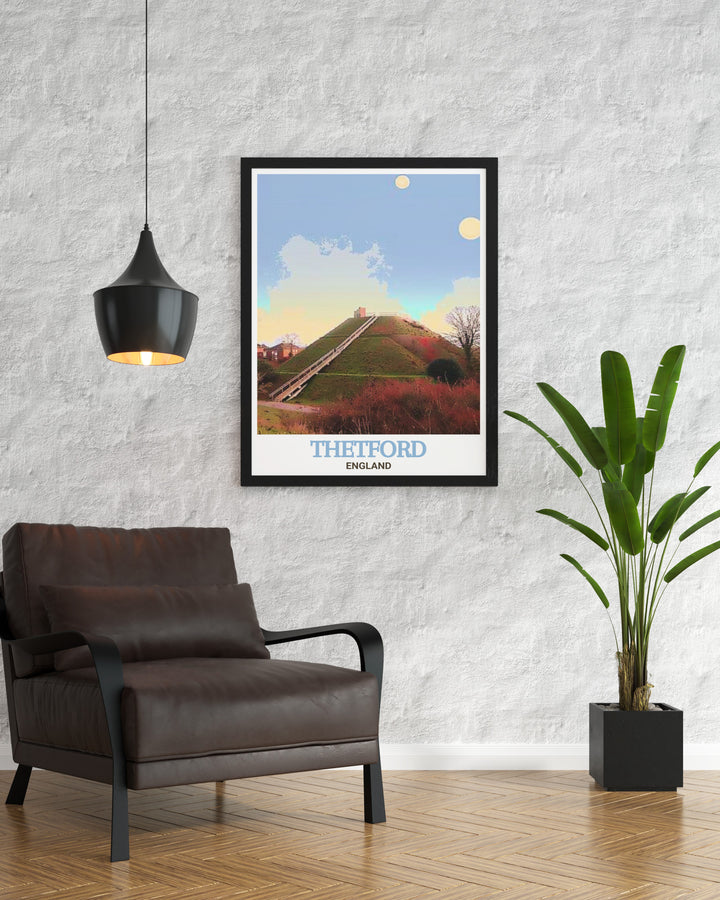 Discover the historical significance of Thetford with this vintage style poster of Castle Hill. The artwork beautifully illustrates the landmarks enduring presence, making it a perfect addition to any space that values both art and history