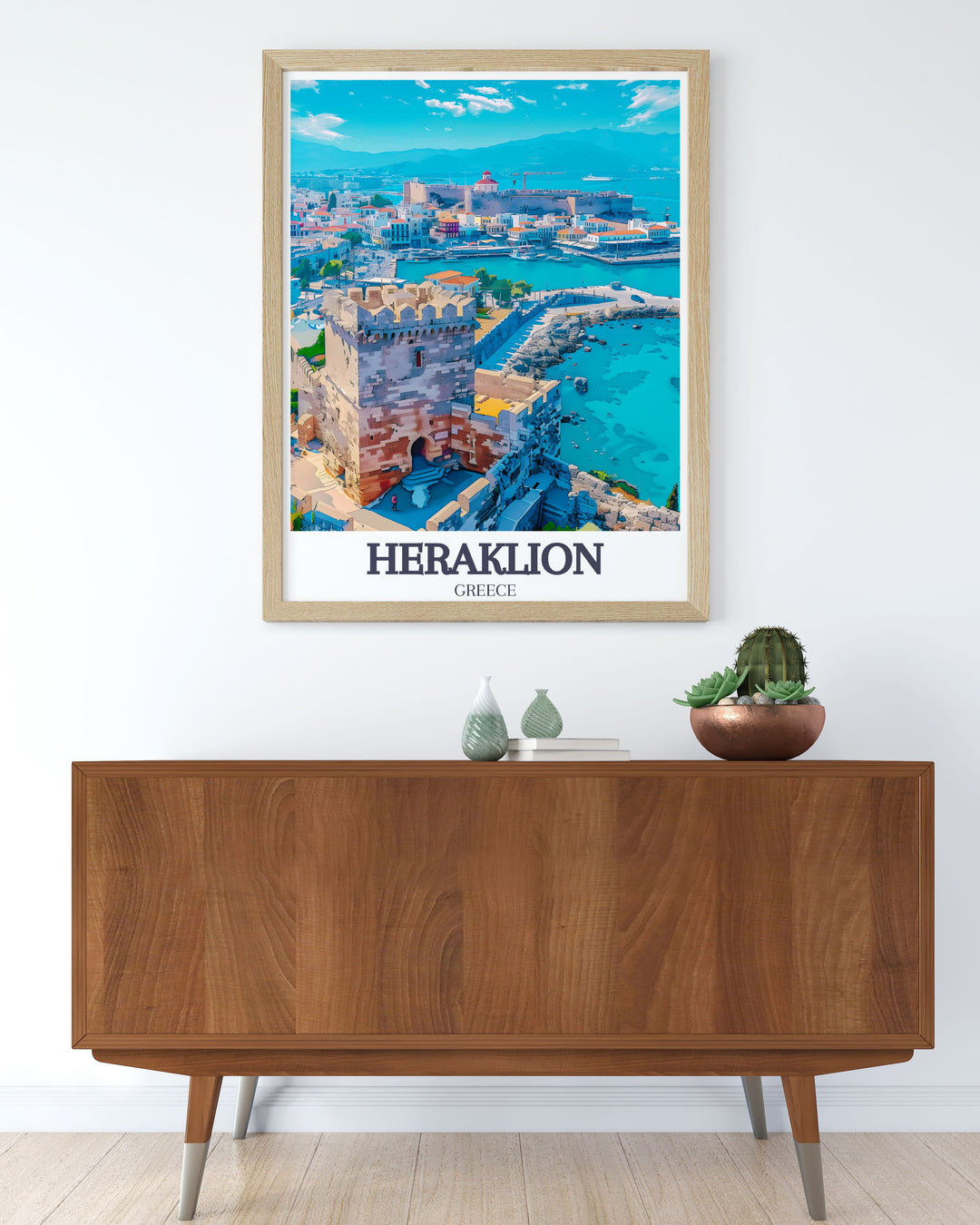 Gallery wall art of Heraklion, highlighting the majestic Venetian Fortress of Koules in Crete, Greece. This print features the fortresss detailed architecture and panoramic views, offering a captivating depiction of Greek fortifications.