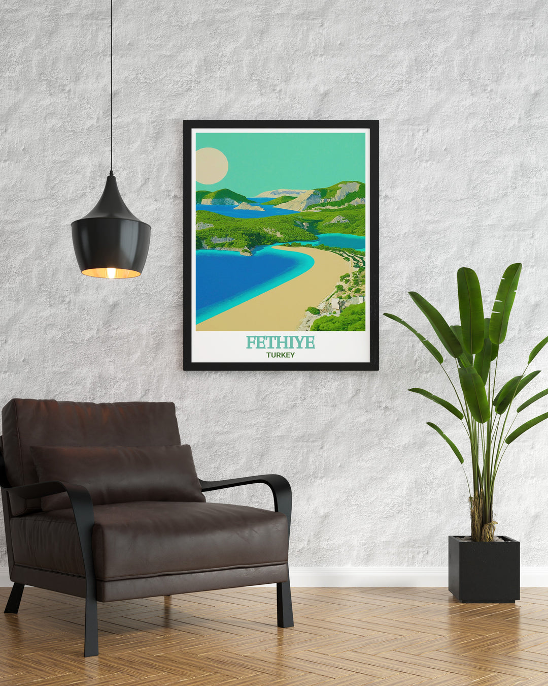 Travel art print of Ölüdeniz Beach featuring vibrant colors and serene landscapes. This Turkey gem brings the tranquility of the beach into your home, making it a perfect addition for those who appreciate calming and beautiful artwork.