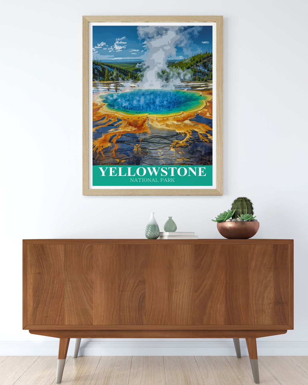 A Yellowstone vintage poster that honors the beauty of Grand Prismatic Spring while highlighting the parks unique geothermal features. This travel print serves as a reminder of the stunning landscapes found in this iconic national park.