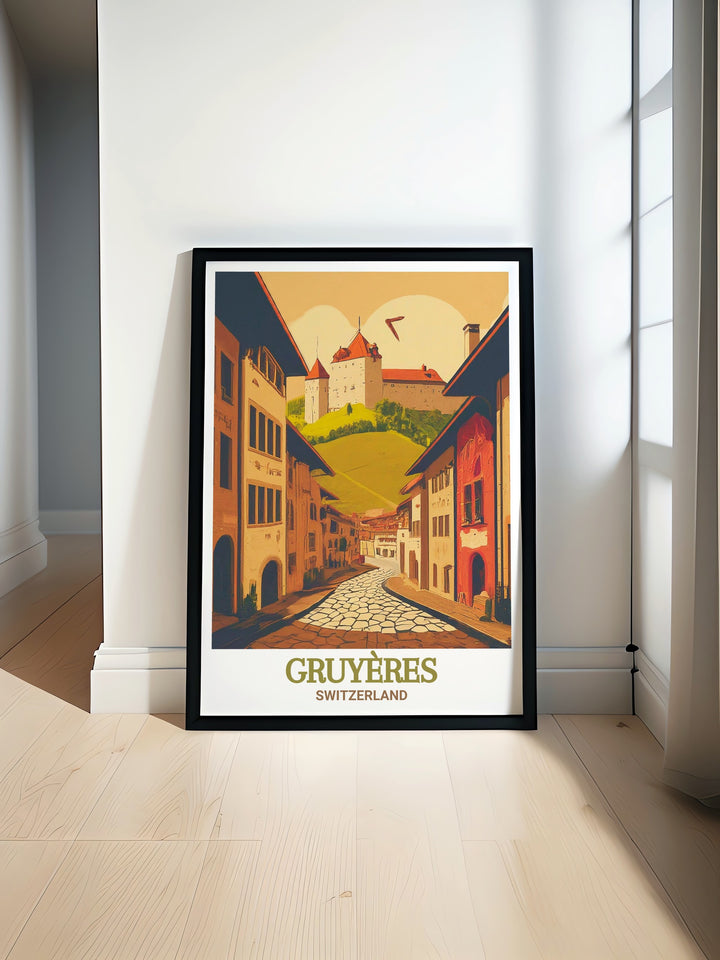 Gruyeres Medieval Town art print featuring a detailed illustration of the historic Swiss town. This elegant wall decor adds a touch of charm to any home and showcases the beauty of Switzerlands timeless architecture.