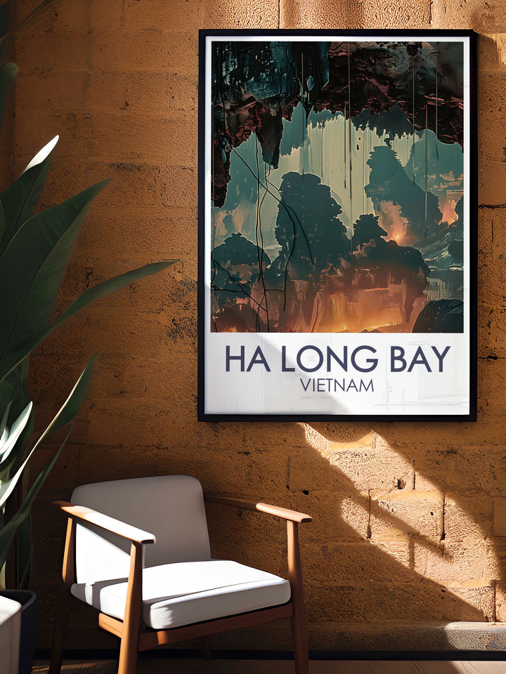 An intricate depiction of Ha Long Bays Surprising Cave, this art print showcases the stunning natural scenery and mysterious allure of the bays largest cave, bringing the beauty of Vietnam into your living space.