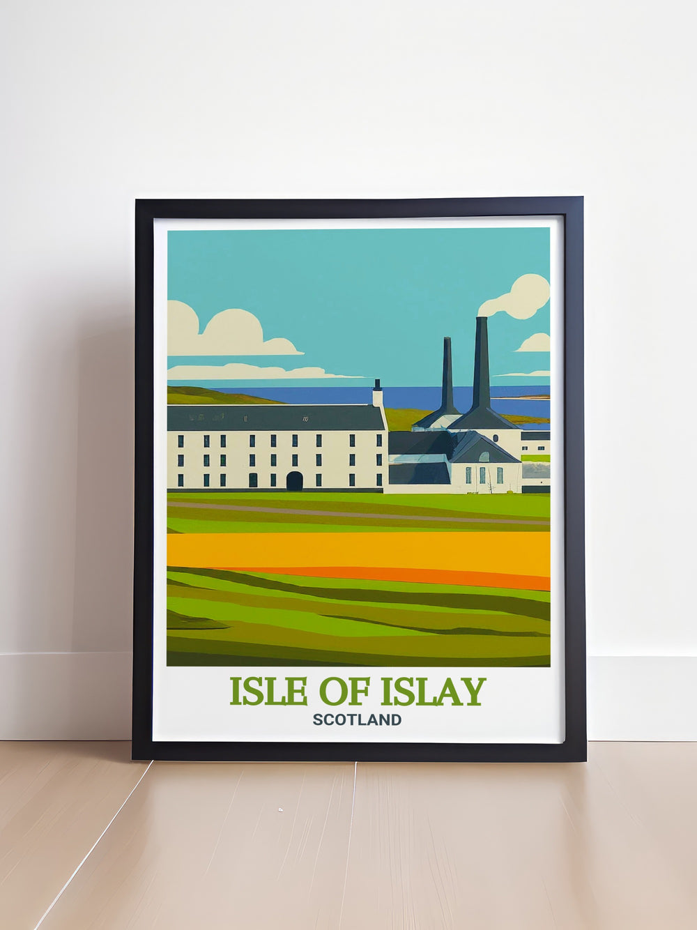 A detailed illustration of Laphroaig Distillery on the Isle of Islay, focusing on the intricate details of the distillery and the natural beauty of its surroundings. This artwork is perfect for anyone who appreciates the art of whisky making and Scottish culture.