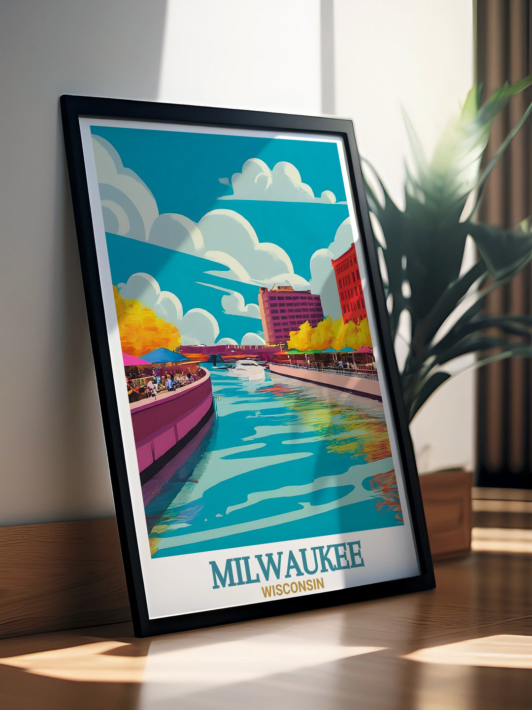 Our Milwaukee Riverwalk travel print showcases one of the citys most popular spots, combining nature and architecture along the rivers scenic route. With bold colors and intricate details, this canvas art makes a striking addition to any home decor.