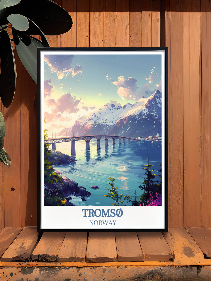 Artwork featuring Tromsø Bridge as a gateway to Arctic adventures, perfect for those who dream of exploring the exciting destinations and activities in Norway.