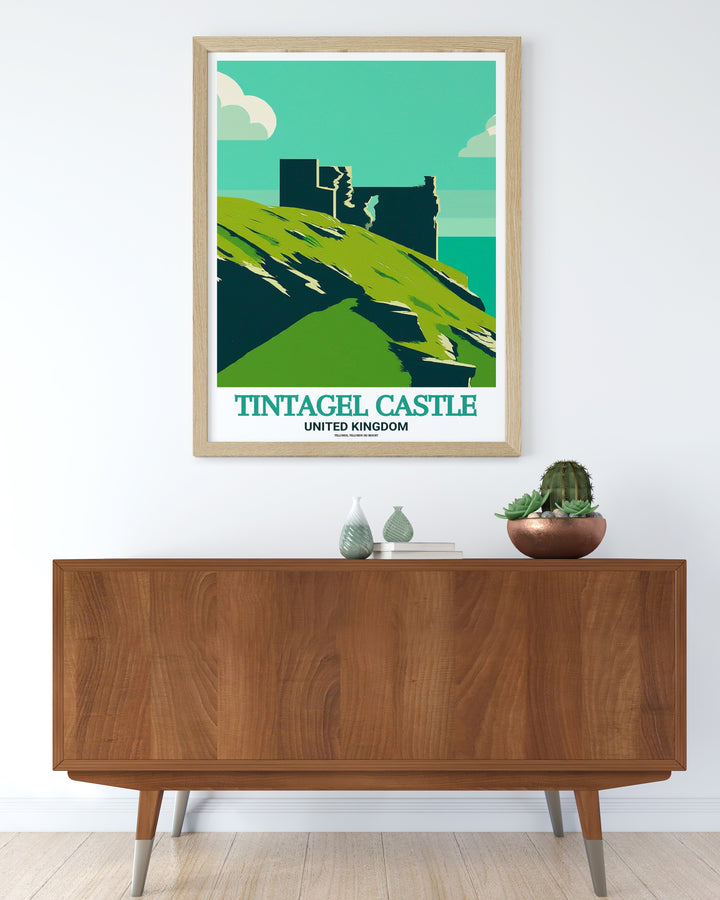 Framed Art of Tintagel Castle, a perfect representation of Cornwalls rich history and folklore. This travel print captures the magic of the sites ancient ruins and scenic beauty, making it a must have for any fan of British history.