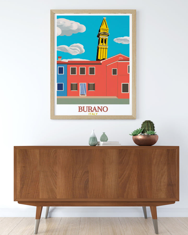Detailed Burano City Print showcasing the lively colors of Burano and the San Martino Church. This print is ideal for enhancing your home decor with a vibrant and picturesque scene.