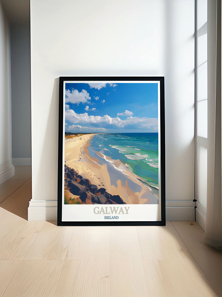 Add a piece of Ireland to your home with this Galway Travel Poster. The fine line design captures both the historic streets of Galway and the natural beauty of Silverstrand Beach, making it a versatile and elegant addition to any room.