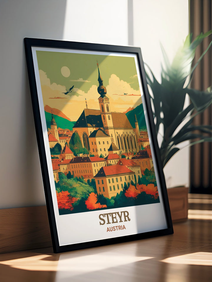 Stunning depiction of Steyrs Stadtpfarrkirche, this Austria poster is designed to bring the historic essence of the town into your home. Ideal for those who love Austrian architecture and wish to showcase it as part of their wall art collection.