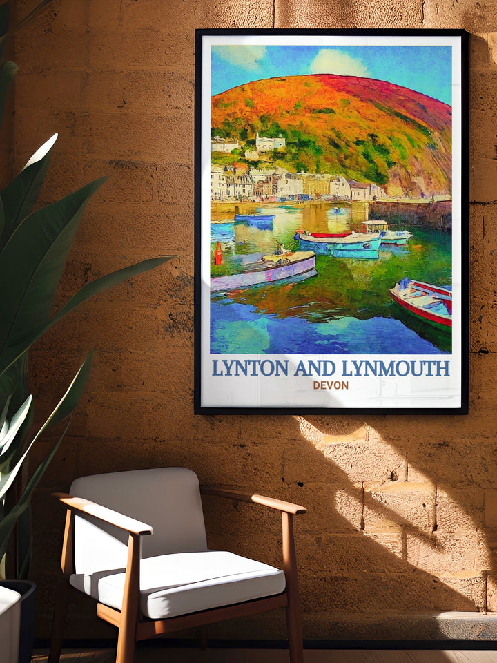 Travel poster of Lynmouth Harbour, showcasing the harmonious blend of calm waters and scenic views. This print captures the essence of Lynmouth Harbours beauty, making it a perfect gift for those who love coastal landscapes.