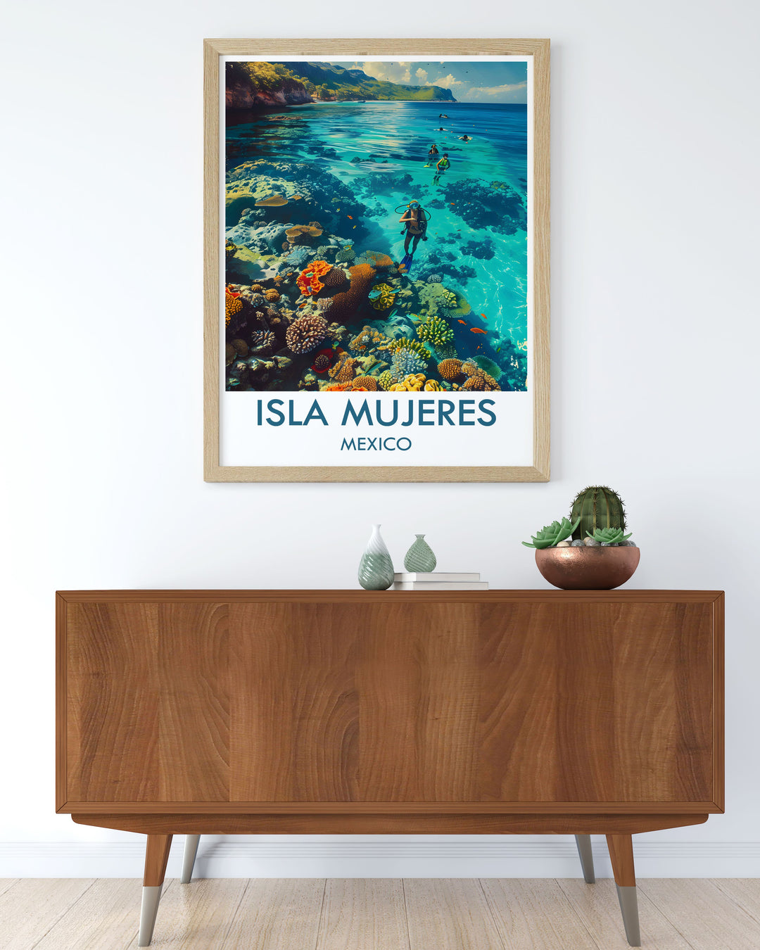 Vintage poster of Isla Mujeres, showcasing the islands rich cultural heritage and natural beauty, with a focus on its picturesque beaches and clear blue skies.