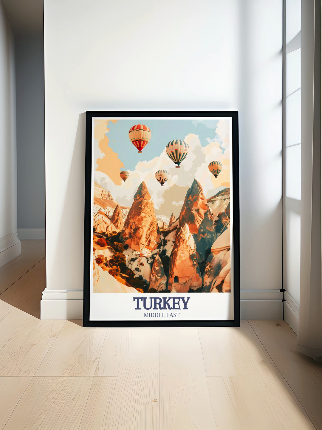 Our vintage travel poster of Monks Valley brings Cappadocias striking rock formations to life. Whether as a gift or a personal décor piece, this artwork captures the unique charm of Turkeys natural wonders in a beautiful, minimalist style.