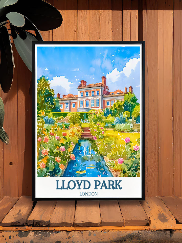 London travel poster depicting the tranquil beauty of Lloyd Park and its rose garden at William Morris gallery. Perfect for London gallery displays or personal home decor. Celebrate the natural elegance and historical significance of Waltham Forest with this stunning print.