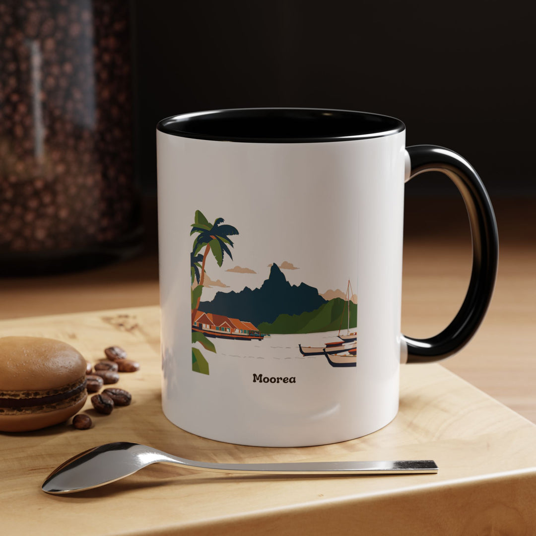 A colorful Mo'orea Mug with artistic designs celebrating the charm of Mo'orea’s iconic peaks and tropical scenery. This dishwasher-safe ceramic mug is ideal for daily use or gifting to French Polynesia enthusiasts.