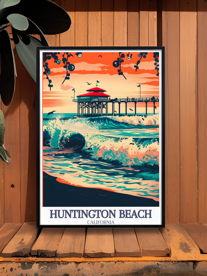 Huntington Beach and the Pacific Ocean are showcased in this vibrant travel poster. Whether as a personalized gift or wall art for your home, this print captures the essence of Californias famous coastal lifestyle. .