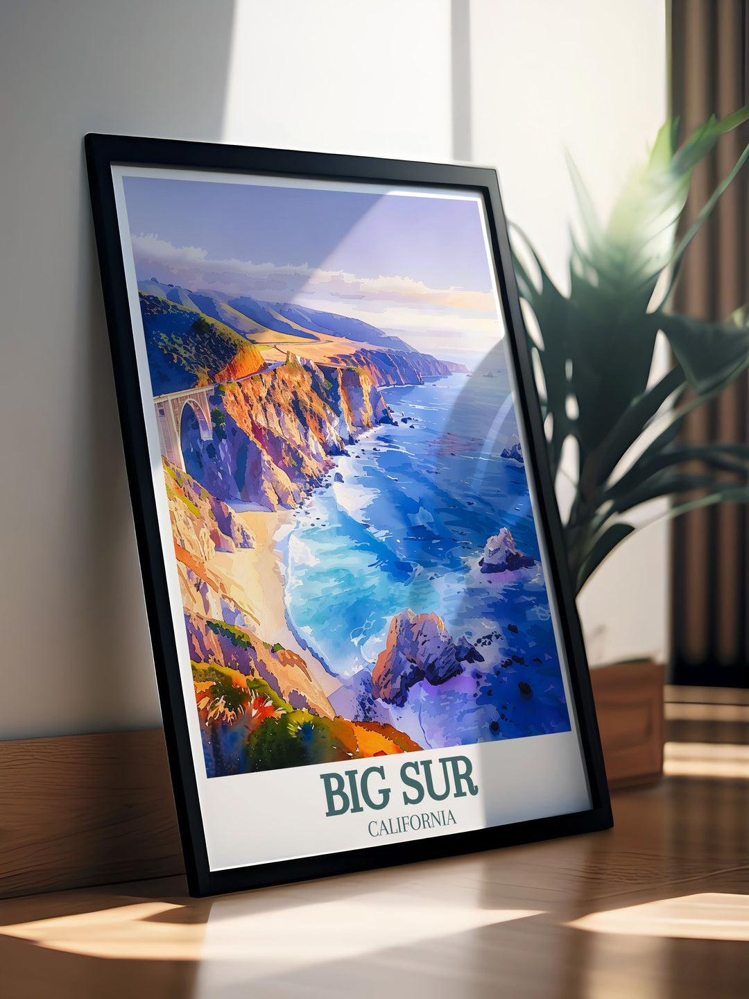 Featuring the dramatic cliffs and scenic vistas of Big Sur, this travel poster captures the essence of Californias coastal beauty, perfect for those who appreciate natural landscapes.