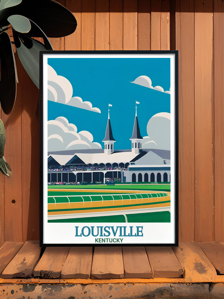 This travel print of Louisville features the famous Churchill Downs, known for hosting the Kentucky Derby, set against the vibrant backdrop of the citys skyline. It captures the unique energy of Louisville, perfect for any Kentucky art collection or home decor.