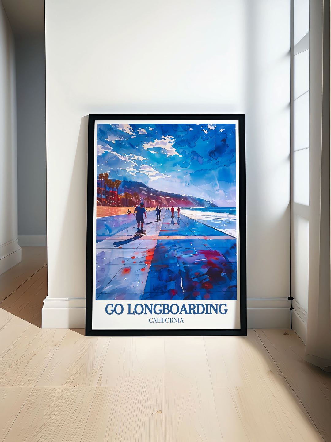 The Venice Beach Longboarding Art Print showcases Californias iconic skate scene. Featuring longboarders, Muscle Beach, and the Venice Beach Boardwalk, this print is the perfect addition for lovers of retro skate culture and surf art.