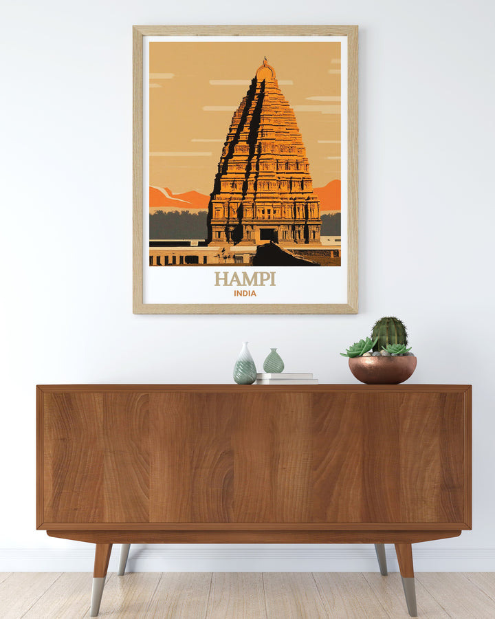 Virupaksha Temple travel poster from Hampi, India, showcasing the ancient structures and architectural marvels. This print captures the essence of Hampis historical and cultural significance, perfect for enhancing your home decor.