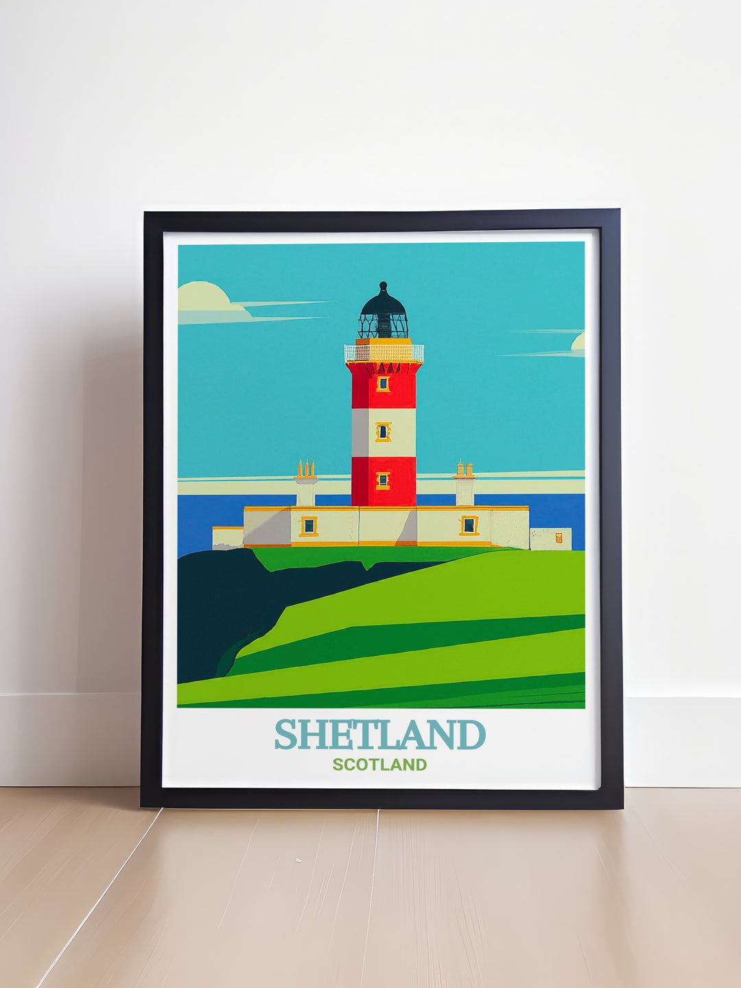 Wall Poster of Sumburgh Head Lighthouse, featuring a detailed depiction of the lighthouse and the dramatic Shetland cliffs. The artwork brings the beauty and tranquility of Scotlands coastal landscapes into your home, making it a perfect choice for those who admire Scotlands rugged natural beauty.