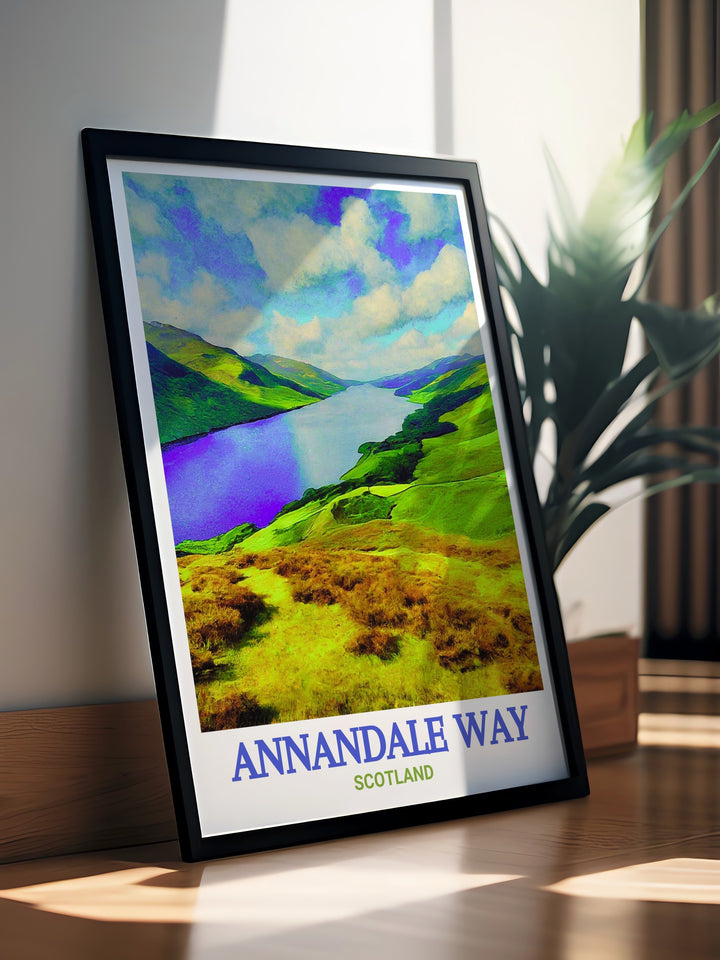 Beautiful Annandale Way Travel Print showcasing Scotlands Moffat Hills and the tranquil St. Marys Loch this print is perfect for adding a touch of nature to your living space and is a great gift for those who love the outdoors