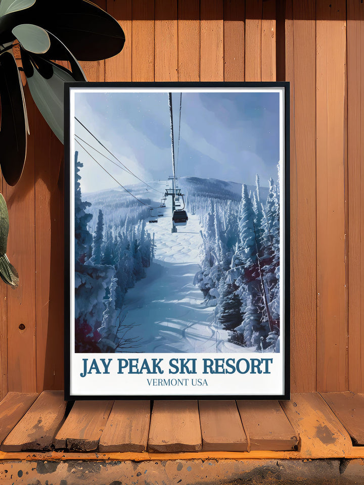 This travel print of Jay Peak Ski Resort captures the breathtaking beauty of Vermonts mountains. Perfect for outdoor lovers, this canvas art brings the iconic slopes of Jay Peak and Burke Mountain into your living space, making it a perfect gift for skiers.