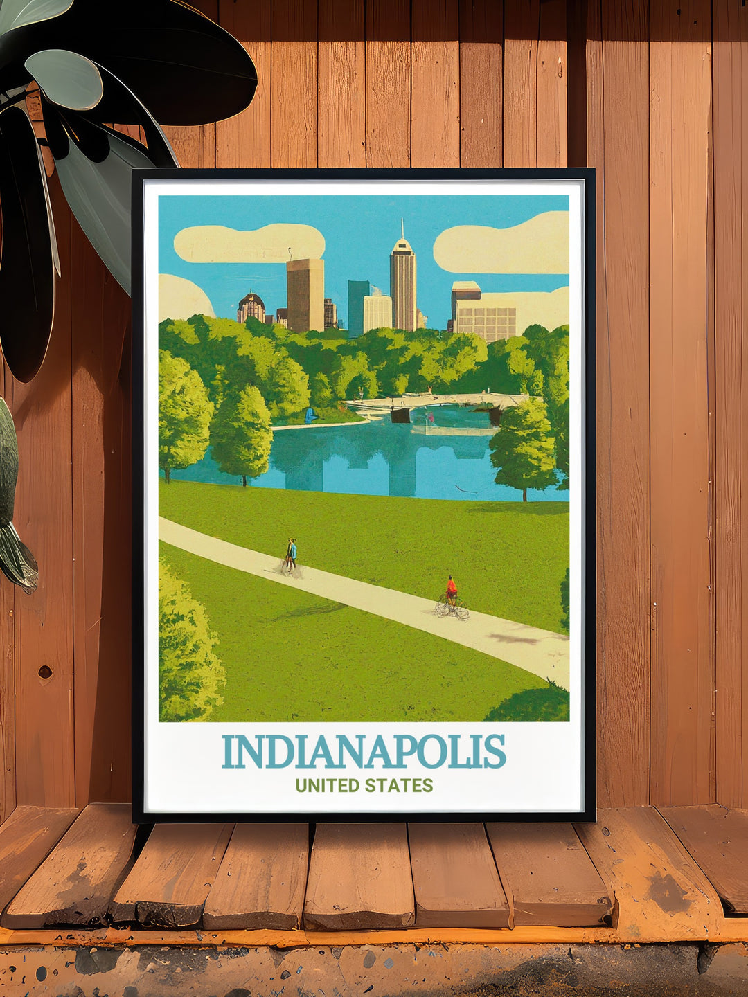 Indianapolis White River State Park travel print featuring the citys skyline. Ideal for home decor and gifts. This artwork beautifully depicts the blend of nature and urban charm, making it a great addition to any space.