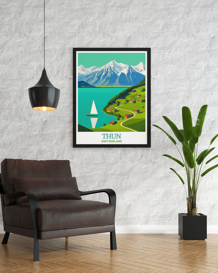 Thun Wall Poster featuring Lake Thun and the Bernese Alps in Switzerland. This travel print is perfect for those who cherish the beauty of Swiss nature and want to bring that serene energy into their homes.