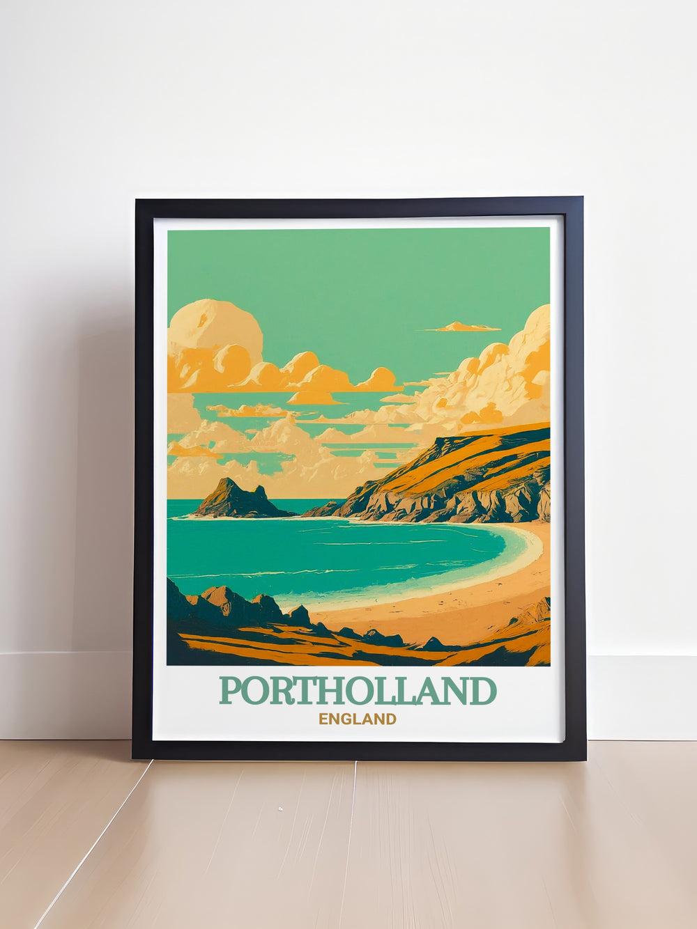 This travel poster captures the timeless beauty of Cornwall, focusing on the picturesque Portholland and Pendower Beach. The vibrant colors and detailed illustration make this a must have for anyone who loves the Cornish coast or coastal landscapes.