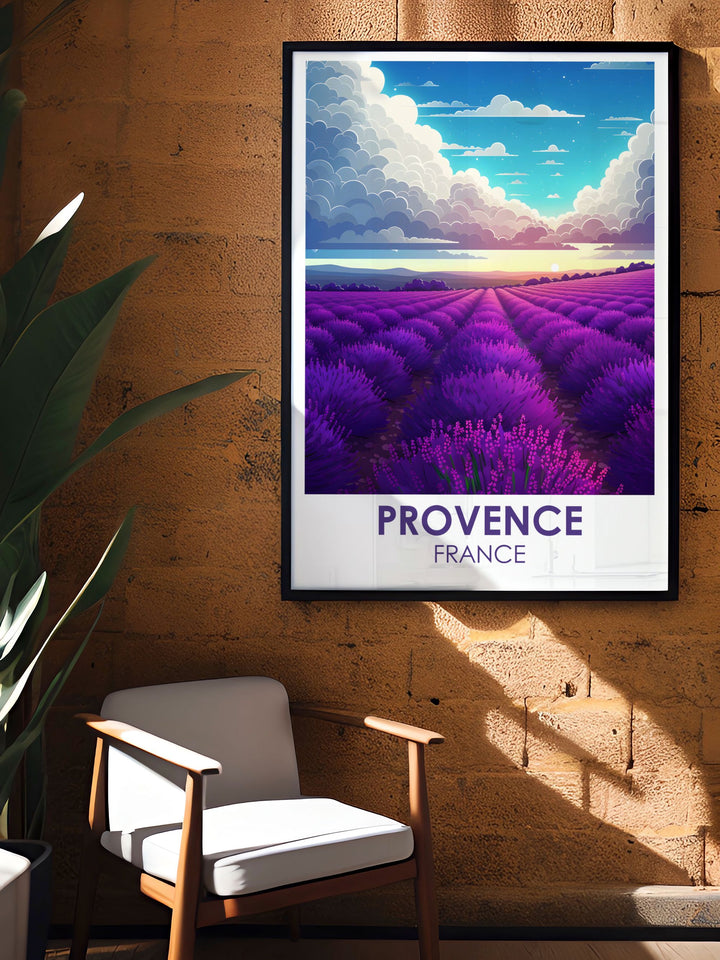 Reveal the natural splendor of Provence with this travel poster, highlighting the iconic lavender fields and the rich cultural heritage of the Valensole region.