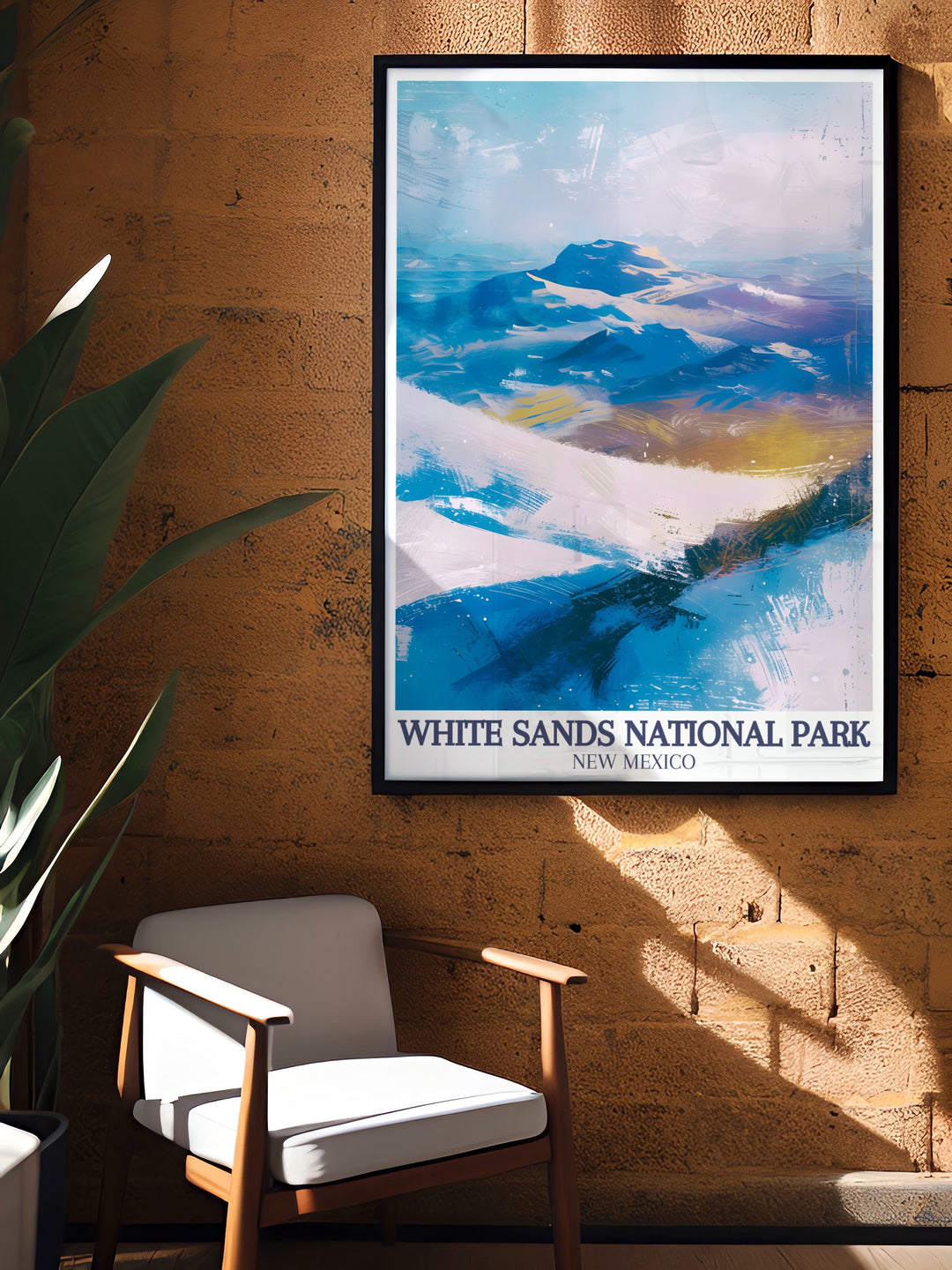 Stunning living room decor with White Sands poster showcasing the majestic Sacramento Mountains and the beautiful Chihuahuan Desert a perfect addition to any modern home decor and a great gift for national park enthusiasts.